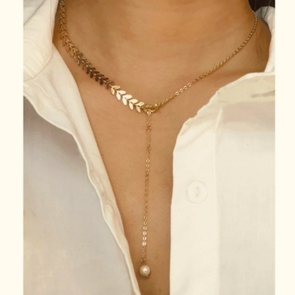 Minimalist Dainty Double Pearl Necklace chevron careful etched etched lariat